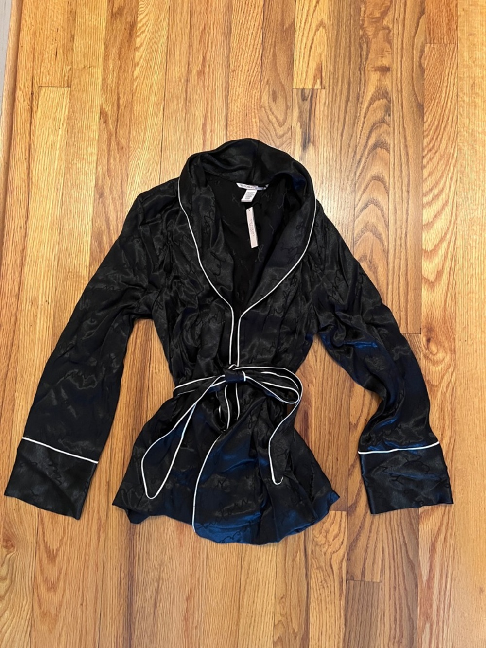 Victoria's Secret Black Satin Wrap Robe with White Piping